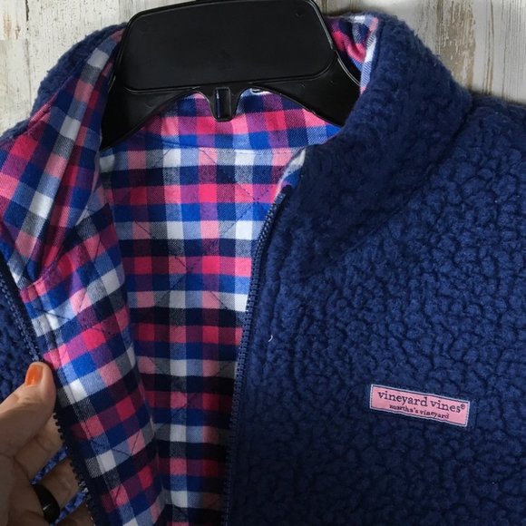 Vineyard Vines Reversible Sherpa Plaid Vest Blue - Picture 12 of 14